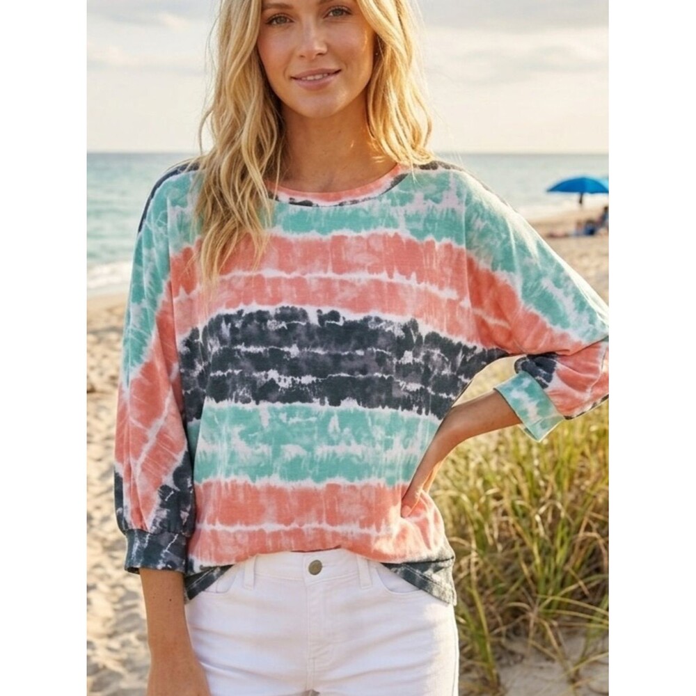NEW Relaxed Tie-Dye Stripe Pullover Sweatshirt - Coral, Mint & Charcoal sz SMALL